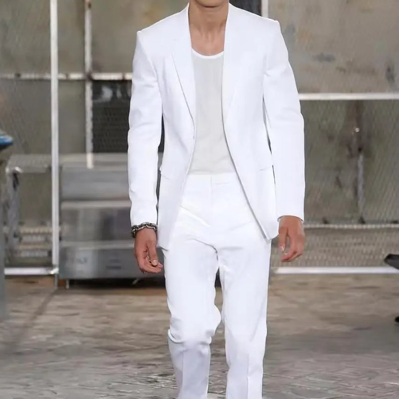 2025 New Summer Long Jacket Wedding Suits for Men White Trousers Groom Tuxedos Classic Lapel Man Blazer 2 Pieces Coat Pants Prom
