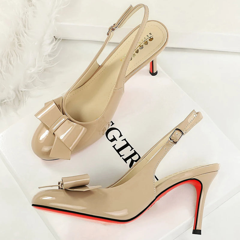 BIGTREE Shoes Round-toe Women Pumps Patent Leather High Heels Bowknot Women Heels Stiletto 8 cm Buckle High-heeled Sandals Lady