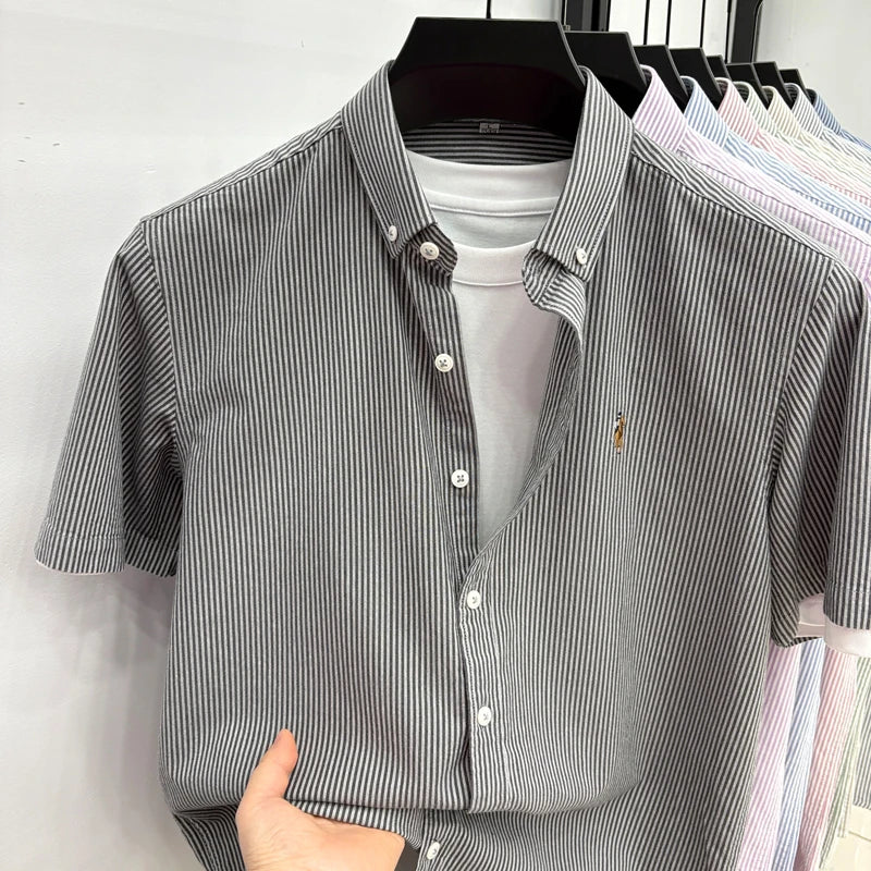 High End Brand Embroidered Striped Shirt Men's Short | SAMAG