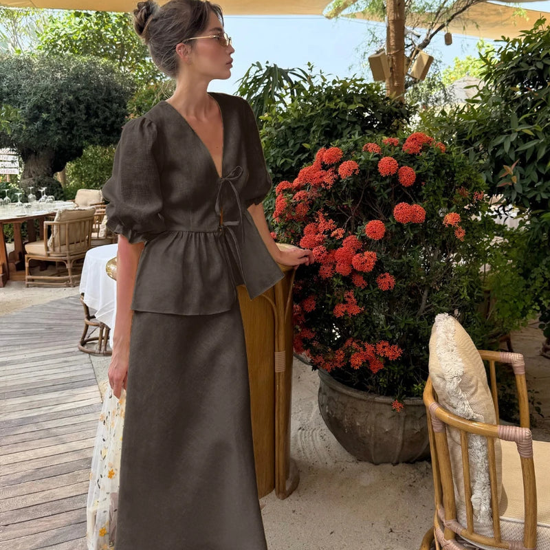 Summer Women's V-Neck Lace-Up Bubble Puff Sleeve Shirt  Long Skirt Set Loose Casual 2 Two-Piece Suit Sets
