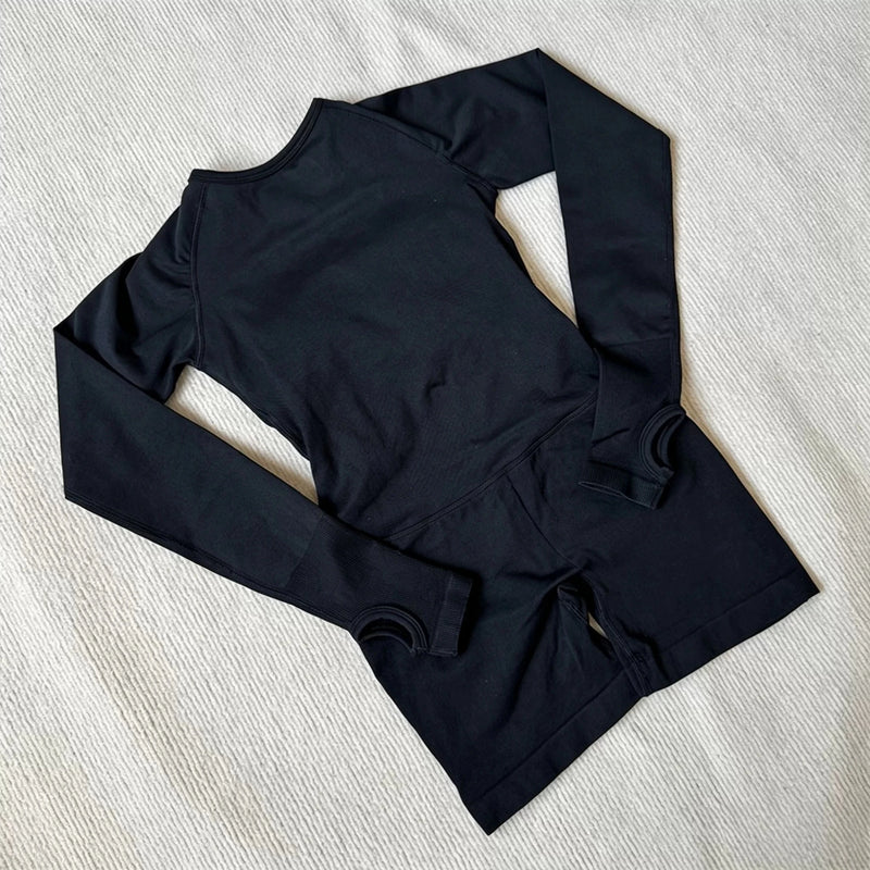 1 Piece Women Bodysuit Sportwear Backless Long Sleeve Short Leggings Seamless High Stretch for Yoga Run Gym Fitness Workout