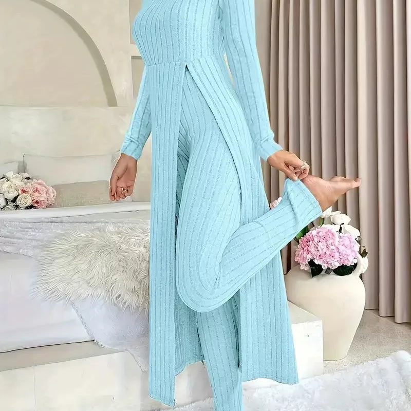 2026 New Fall/Winter Design Round-neck Slit Long-Sleeved Thick Striped Long-Sleeved Two-Piece Set (Extra Large Long-Sleeved Casual Wear)