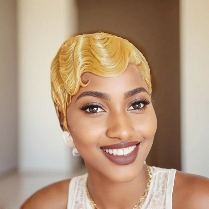 613 Blonde Pixie Cut Wig Short Finger Wave Human Hair Full Machine Made for Women Natural-Looking