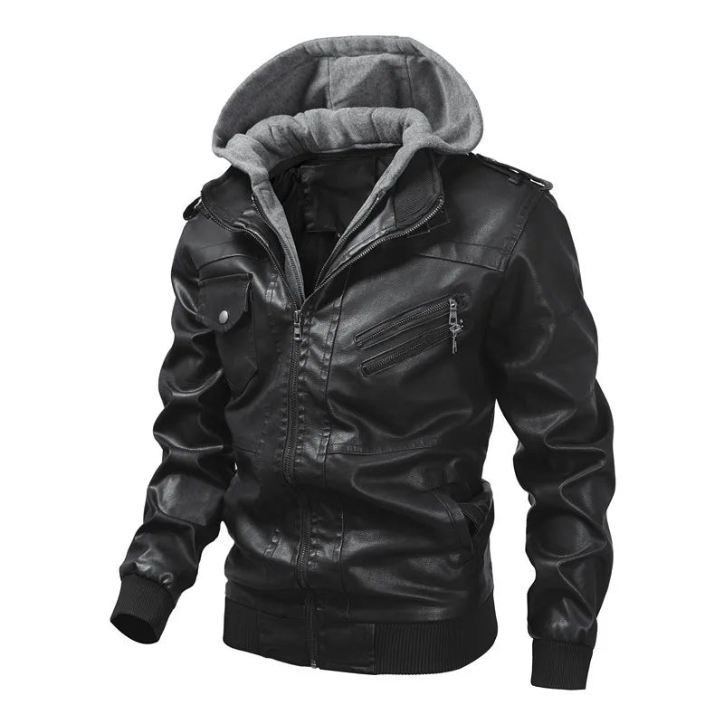 Men's Youth Hooded PU Leather Fashion Locomotive Casual Jacket Large Size Hat Removable