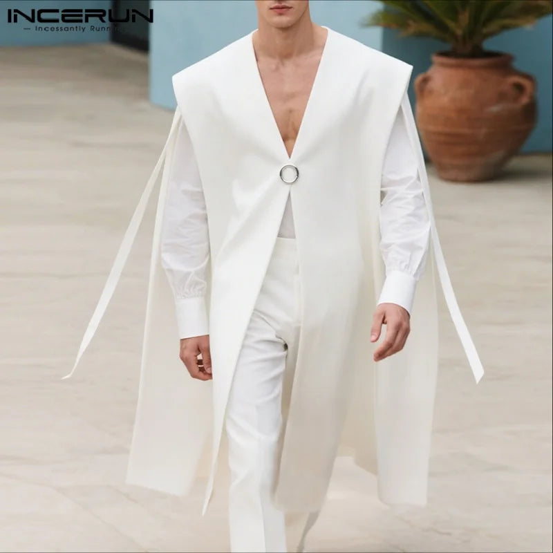 INCERUN Men Vests Cloak Solid Color Oversize V Neck One Button Sleeveless Male Waistcoats Ponchos Streetwear Fashion Cape Men