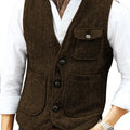 Men Vest Brown Herringbone Wool Tweed V Neck Single Breasted Retro Tooling Vest Male Gentleman Business Waistcoat For Wedding