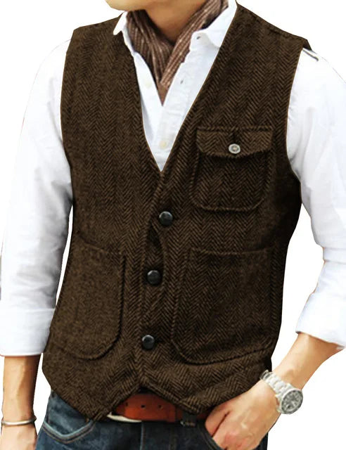 Men Vest Brown Herringbone Wool Tweed V Neck Single Breasted Retro Tooling Vest Male Gentleman Business Waistcoat For Wedding