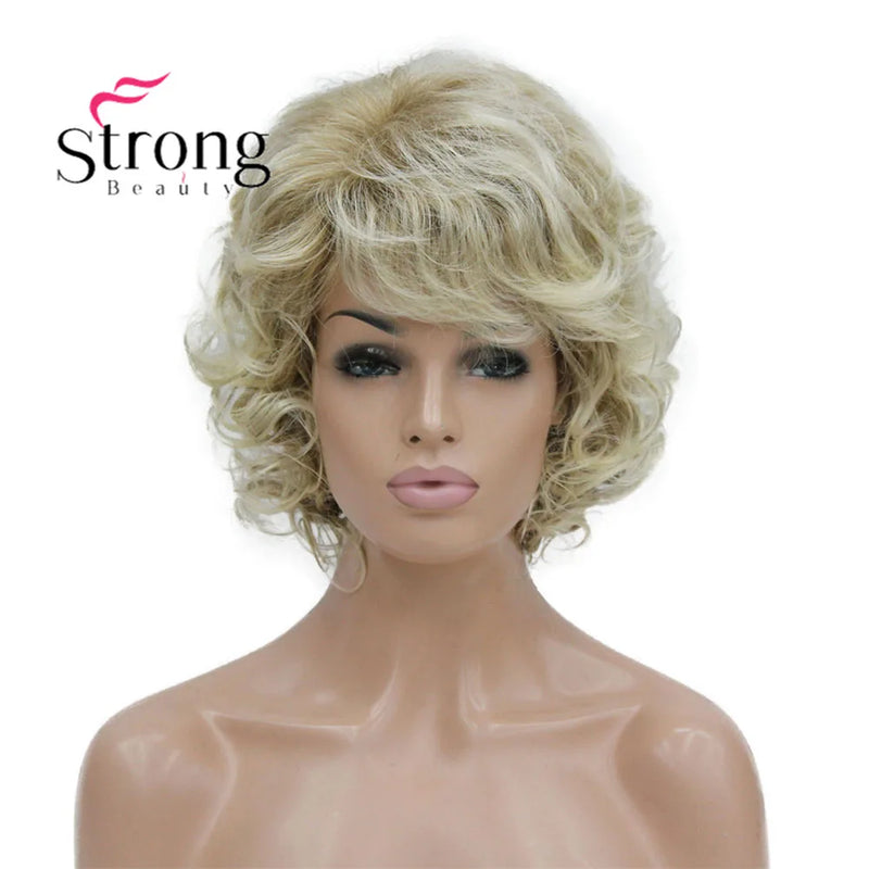StrongBeauty Short Wig Soft Tousled Curls Blonde Highlights Full Synthetic Wigs COLOUR CHOICES