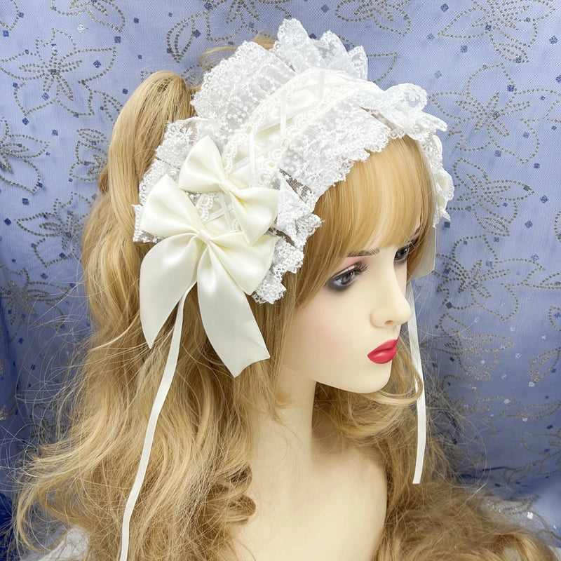 2024 Japanese Lace Bow Ribbon Lolita Headdress Ears on The Head Headband Lolita Maid Anime Cosplay Hair Accessories