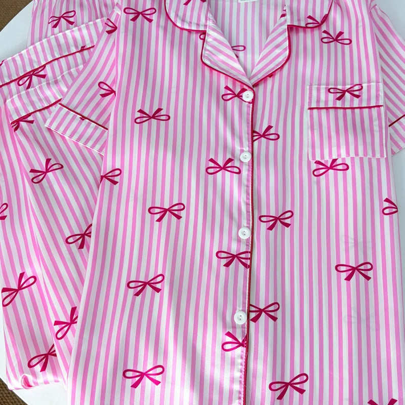 Summer Silk Satin Women Pajamas Set Button Down Top & Pants 2 Pieces Sleepwear Notched Collar Nightwear Loungewear for Women