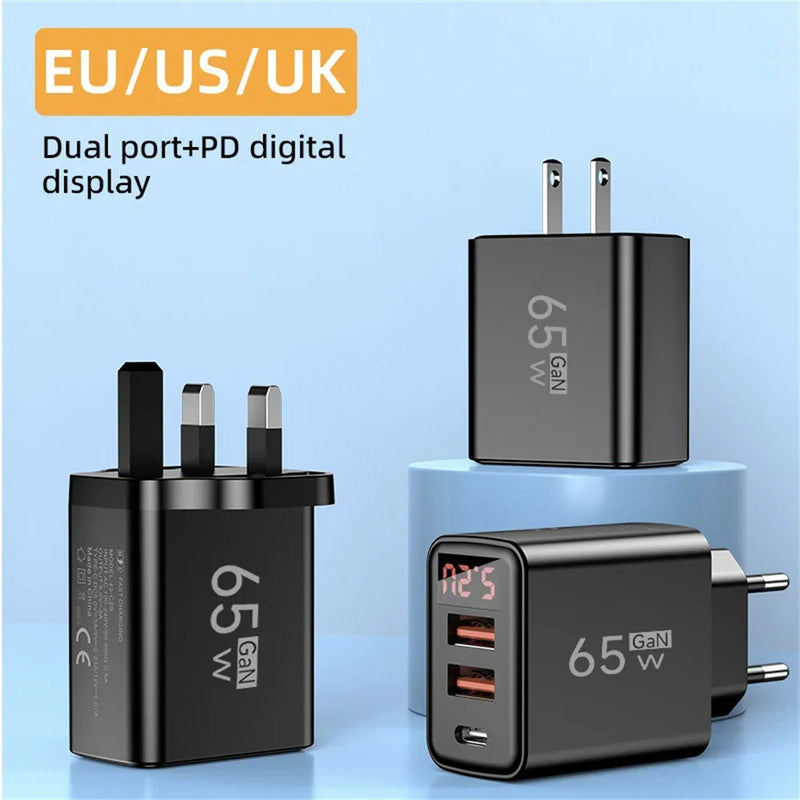 3 Ports 65W USB Charger Fast Charging Mobile Phone Power Adapter EU/US/UK Plug QC3.0 Type C Charger For iPhone Samsung Xiaomi