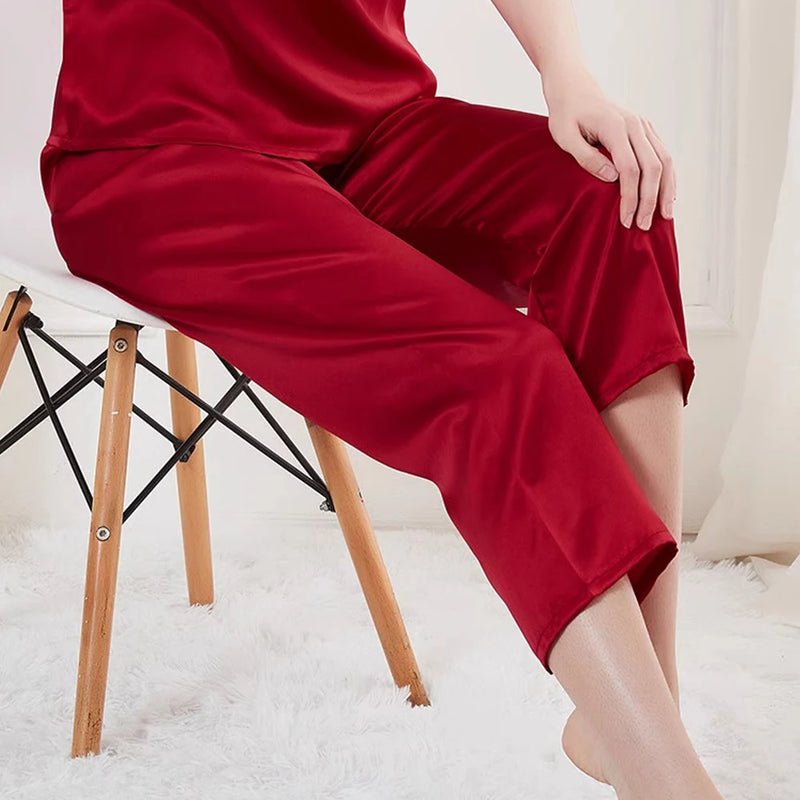 Pajama Set for Women 2 Piece Capri Pants Short Sleeve Top 19 Momme Mulberry Silk Sleepwear Pjs Loungewear M-3XL