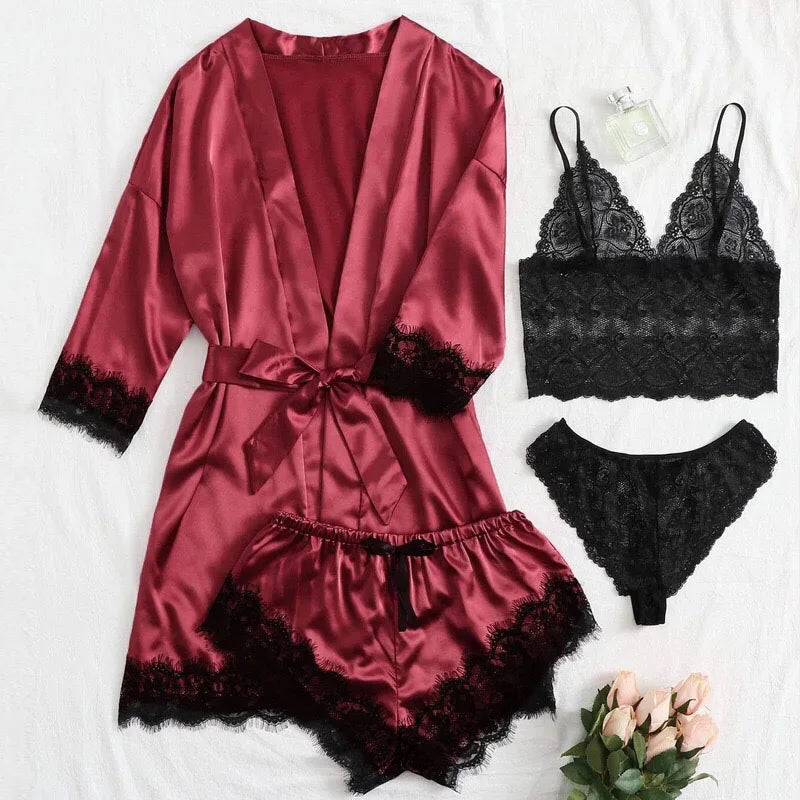 Women's Four-Piece Lace Camisole Nightwear Set with Robe | SAMAG