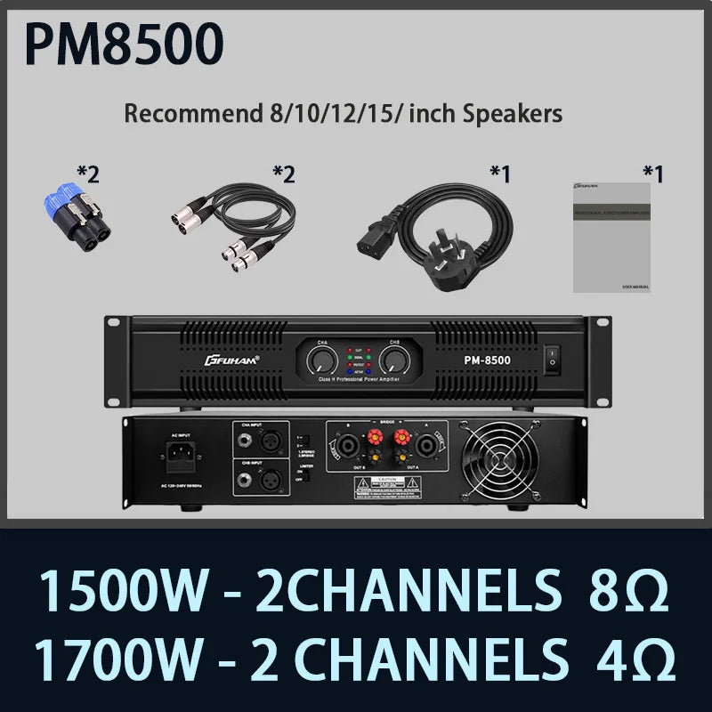 FUHAM PM9500 2-Channel 1700W Pure Power Amplifier Professional Audio Amp for DJ Stage Live Show Disco PA System