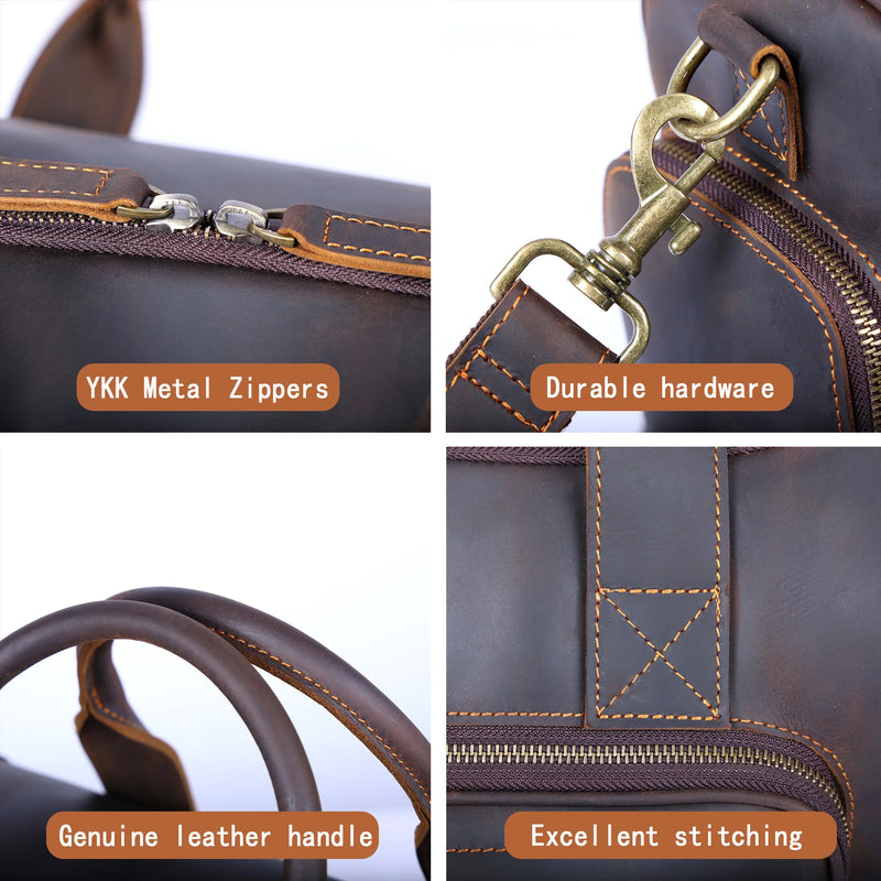 S.WORKER Vintage Genuine Leather Travel Bag  Crazy Horse Cowhide Leather Duffel Bag Men's Weekender Bag Gym Bag Carry on Luggage