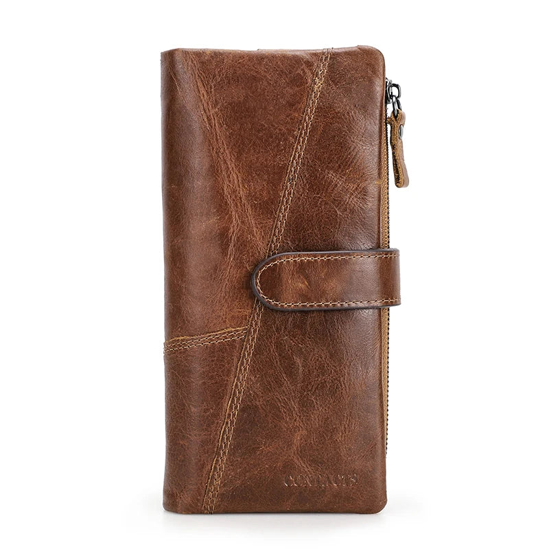 CONTACT'S Genuine Crazy Horse Cowhide Leather Men Wallets  Fashion Purse With Card Holder Vintage Long Wallet Clutch Wrist Bag