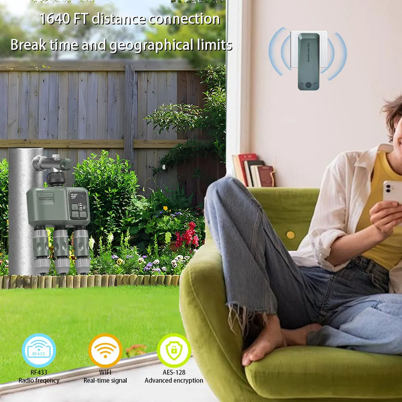 Tuya Wifi+RF433 3-outlet water timer Garden Water Timer Rain Delay Filter Programmable Automatic Irrigation Controller