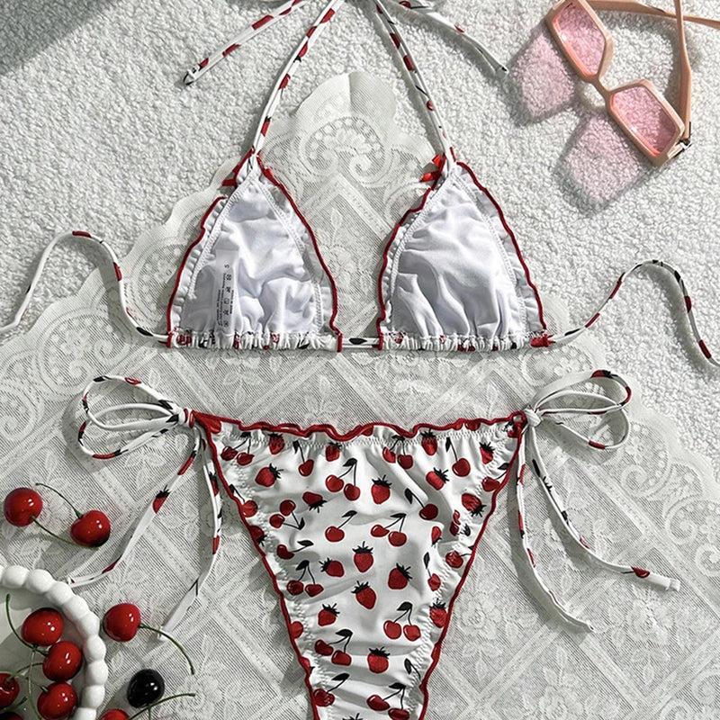 Cherry Print Halter Ruffled Frill Bikini Women Swimwear | SAMAG