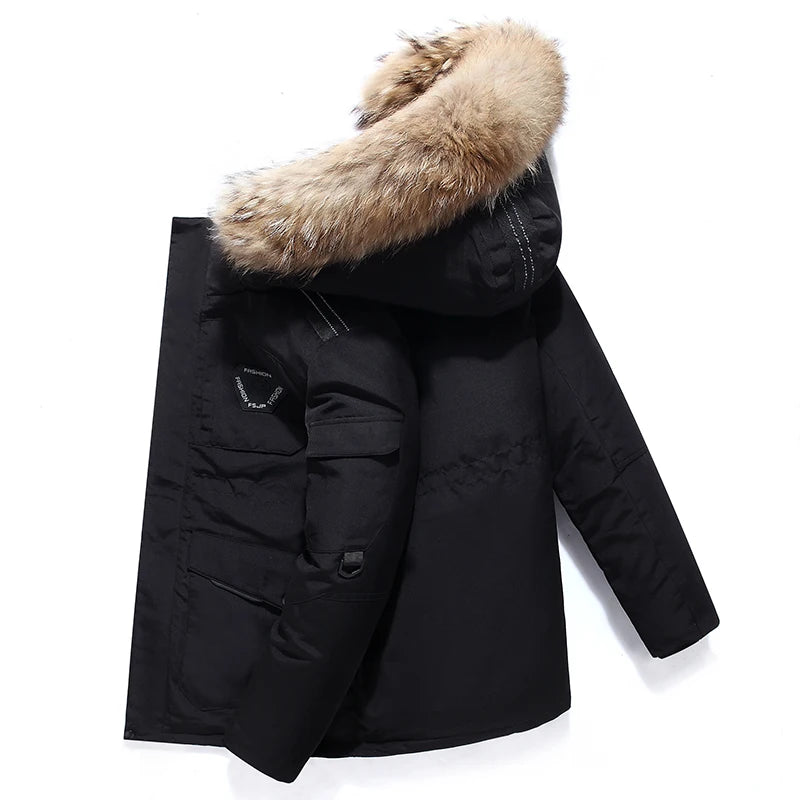 Winter Down Jacket Men Down Cotton Parkas Coat Mid-length Large Fur Collar Male Thicken Coat Snow Overcoat -30 Degree Parkas