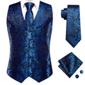 Hi-Tie Navy Blue Mens Vest Formal Paisley Waistcoat Jacket Tie Handkerchief Cufflinks Set For Male Dress Suit Wedding Party