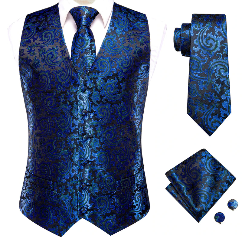 Hi-Tie Navy Blue Mens Vest Formal Paisley Waistcoat Jacket Tie Handkerchief Cufflinks Set For Male Dress Suit Wedding Party