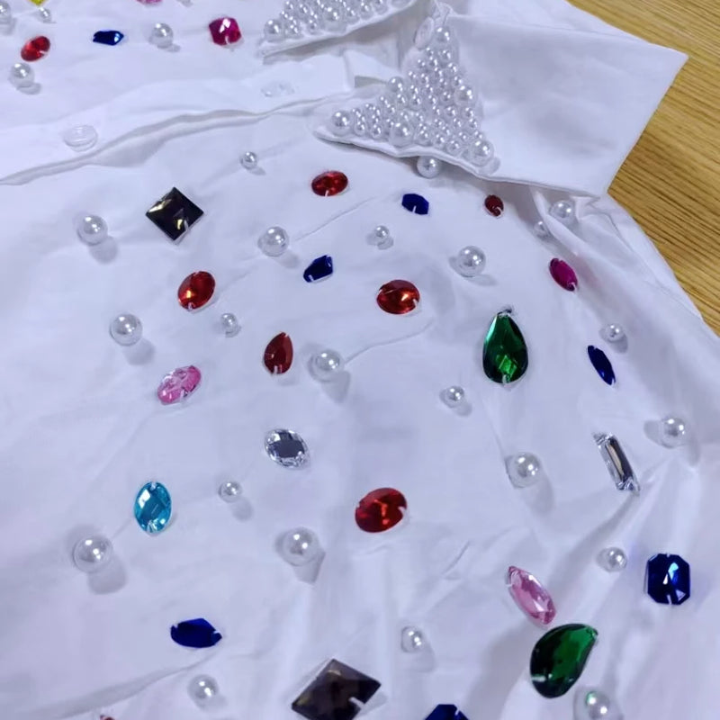Real Photo Pearls Beads Stitch Cotton Loose Casual Shirts - View 5 | SAMAG
