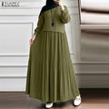 ZANZEA Women Modest Plisse Maxi Dress O-Neck Long Sleeve | SAMAG