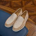 Handwoven Flax Straw Caual Shoes Men's Summer Breathable Linen Chinese Style Casual Wheat Color Genuine Leather Loafers Slip-On
