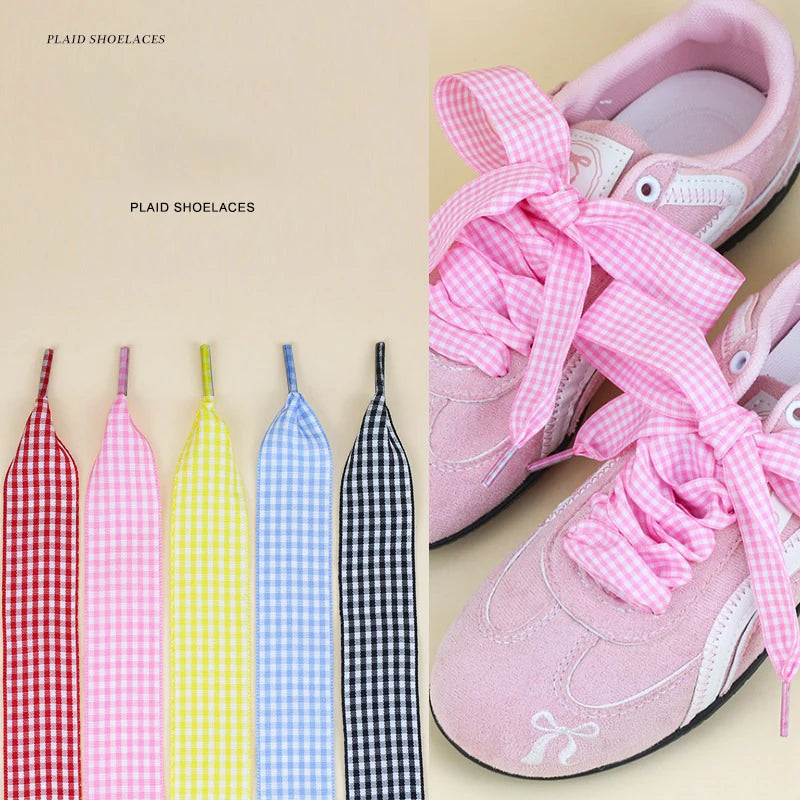 1 Pair Flat Shoelaces Replacement Decorative Check Gingham Shoe Laces for Sneakers Skate Shoe Width 2.5CM Women Men