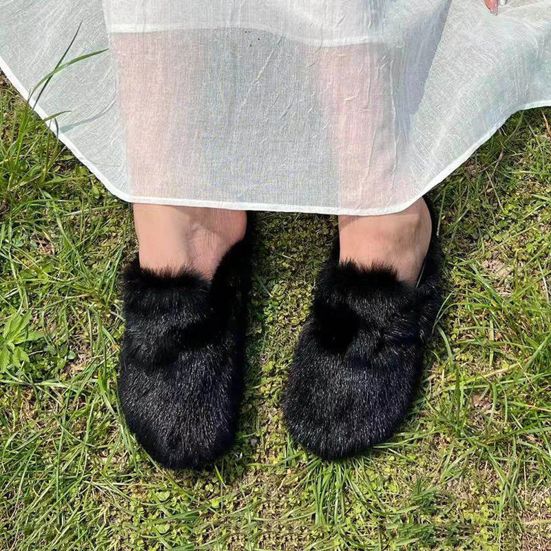 Women's Mules and Clogs Fuzzy Mink Fur Slippers with Arch Support Outdoor Women Shoe Closed Toe Nonslip Comwarm Clog Shoes Woman