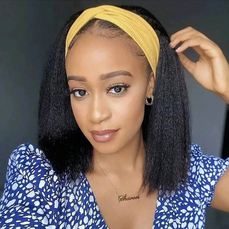 Short Bob Wig 250 Density Kinky Straight Headband Human Hair Wigs Clearance For Women Machine Made Yaki Straight Virgin Hair