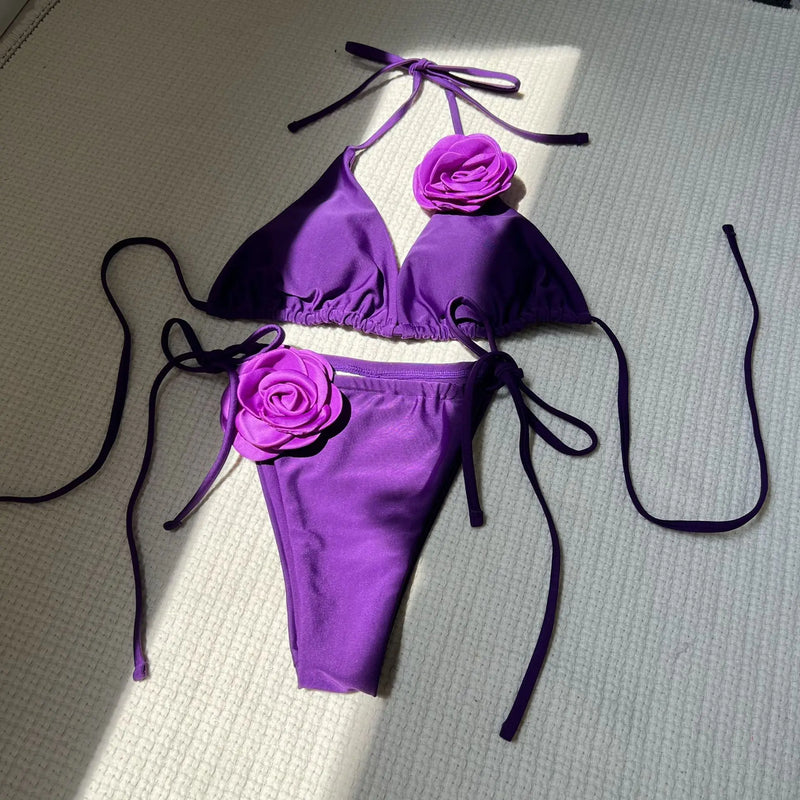 Sexy 3D flower bikinis sets triangle two pieces rose | SAMAG