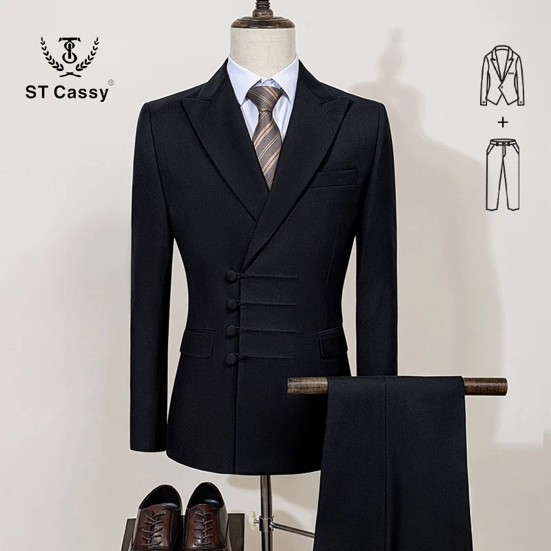 ST Cassy Elegant Men's Suits for Wedding Slim Fit Double Breasted Multiple Buttons Casual Business Two-Piece Dress Party Outfit