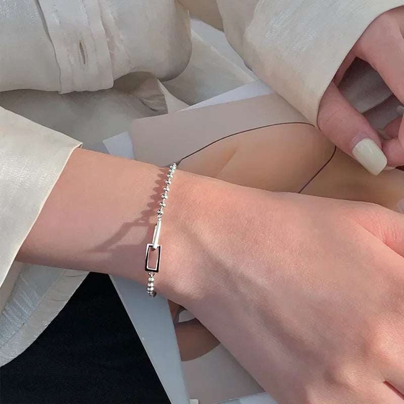 925 Sterling Silver Geometric Square Round Bead Bracelet For Women Personality Temperament Simple Hand - Visuel 2 | SAMAG