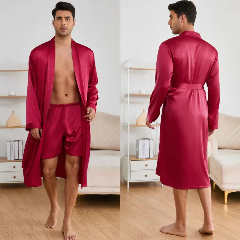 Men's Nightgown Shorts Set Solid Color 2-Piece Loungewear Bathrobe Shorts Set Thin Pajamas Kimono Bathrobe Long Robe Sleepwear