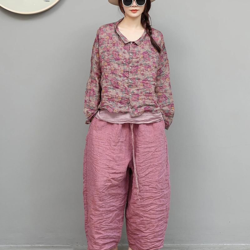 Women Summer Floral Lightweight Ramie Long - sleeve Shirt - View 5 | SAMAG