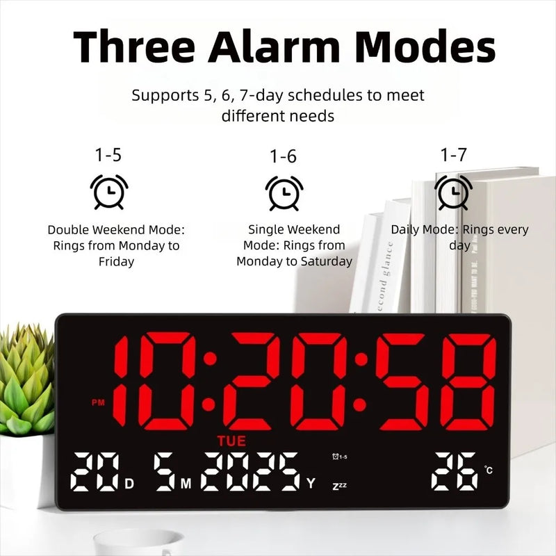 Large Digital Wall Clock 12/24H Time/Date/Week/Temp Display LED Alarm Clock 3 Alarm Clock Snooze Electronic Table Clock