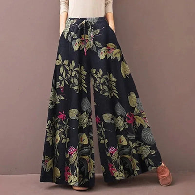 Floral Print Wide Leg Women Pants Spring Drawstring | SAMAG