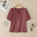 ZANZEA Elegant Solid Color Woman Blouses Lace Up O - Neck - View 2 | SAMAG