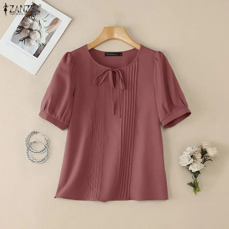 ZANZEA Elegant Solid Color Woman Blouses Lace Up O - Neck - View 2 | SAMAG