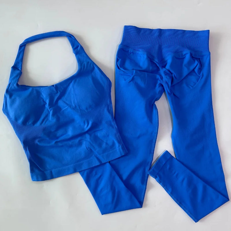 1-2pcs Gym Set Women Backless Tank Tops High Waist Scrunch Seamless Shorts High Waist Yoga Leggings Workout Sets Gym Suit