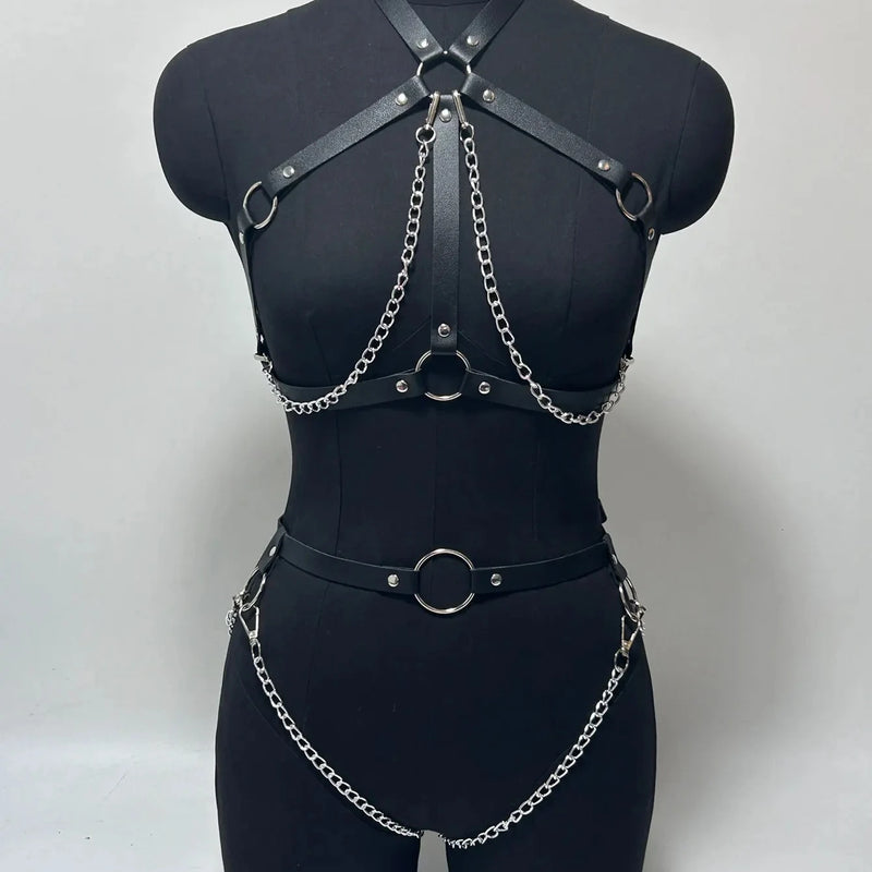 Women Fashion Full Body Chain Leather Waist Belt and Thigh Garter Set, Punk Gothic Metal Chain Suspenders for Festival Cosplay