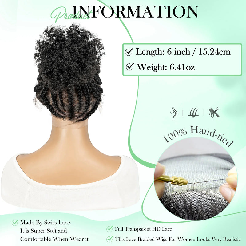 Full Lace Cornrow Braided Wigs Synthetic Braids Wig with Baby Hair Short Afro Curly Knotless Braided Lace Wig for Black Women
