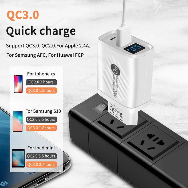 PD 20W USB C Charger Fast Charging Type C Wall Charger For iPhone 14 Samsung Xiaomi Huawei Digital Display Phone Charger Adapter