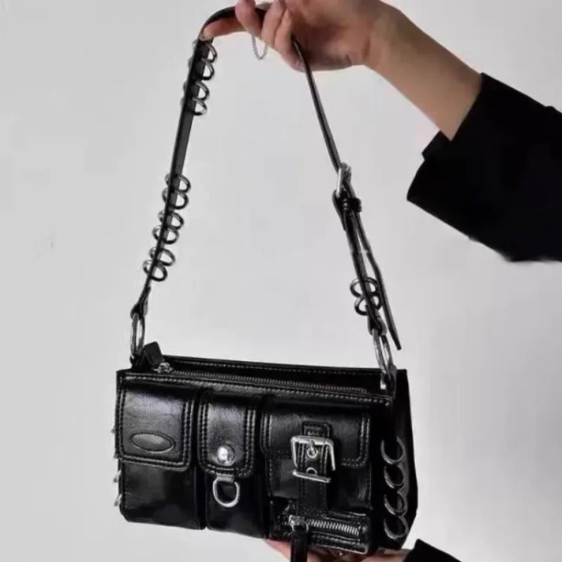 Meet You Y2K Vintage Gothic Black Shoulder Bag for Women Punk Cool Girls Multi-pocket Pu Leather Underarm Bag Trend Tote Bag