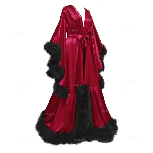 Women 's Feather Bathrobe Long Sleeves Sleepwear Bridal Robe Long Wedding Party Dressing Gown Pregnancy Photoshoot Dress