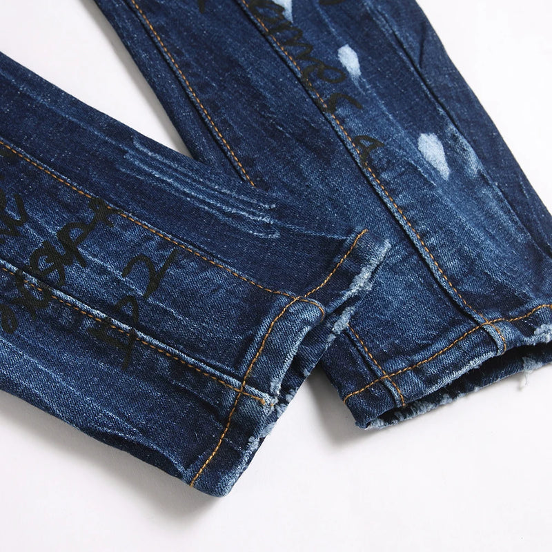 Men Letters Printed Denim Jeans Holes Ripped Patchwork | SAMAG