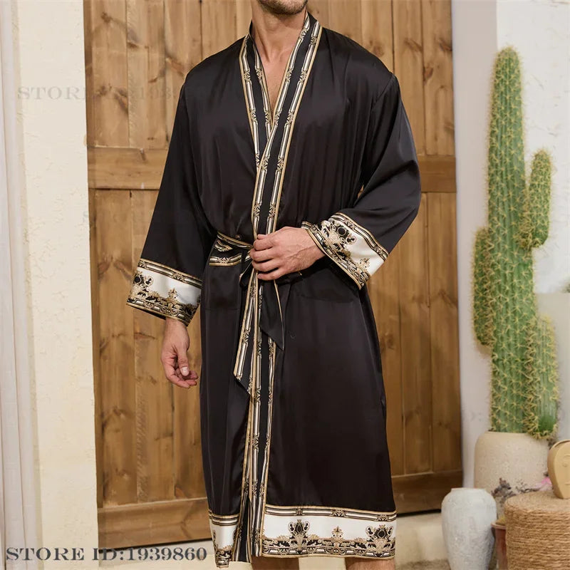 Men Pajama 2PCS Robe Set Spring Summer New Silk Satin Sleepwear Kimono Bathrobe Gown Loose Casual Home Clothing Loungewear