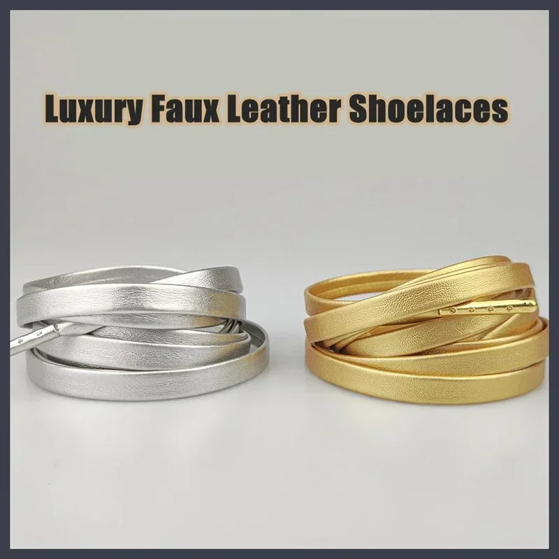 Luxury Faux Leather Shoelaces Gold Silver Flat Rope Shoelace Metal HeadSneakers Casual Shoes Laces 80/100/120/140/160cm 1Pair