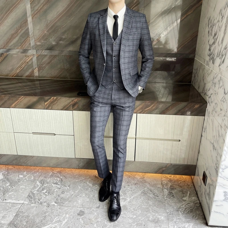 Men's High-Quality Cotton Texture Wedding Suit Set - Plaid Pattern Business Casual Three-Piece Vest Trousers Ensemble